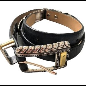 BRIGHTON Concho Belt Western Gold & Silver Metal Hardware Black Leather Small
